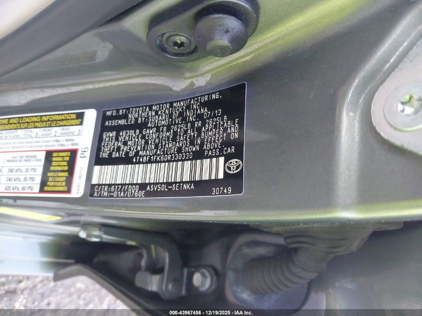 2013 Toyota Camry Le VIN: 4T4BF1FK6DR330330 Lot: 43967456