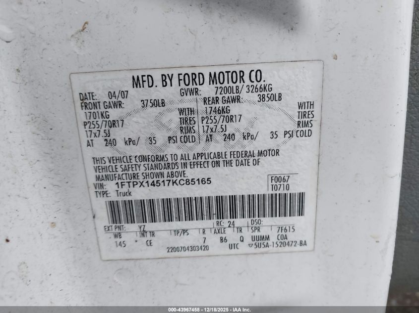 2007 Ford F-150 Fx4/Lariat/Xl/Xlt VIN: 1FTPX14517KC85165 Lot: 43967458