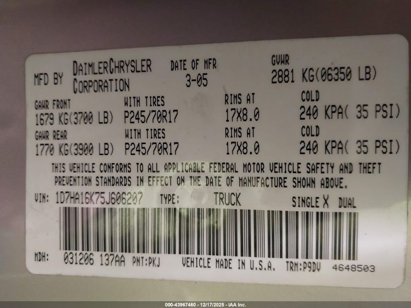 2005 Dodge Ram 1500 St VIN: 1D7HA16K75J606207 Lot: 43967460