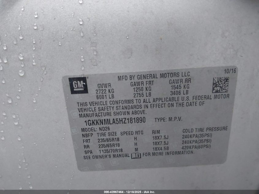 2017 GMC Acadia Slt-1 VIN: 1GKKNMLA5HZ181890 Lot: 43967464