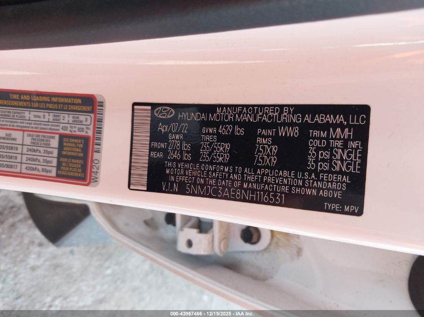 2022 Hyundai Tucson Sel VIN: 5NMJC3AE8NH116531 Lot: 43967466