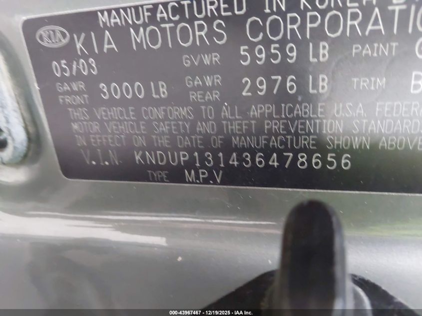 2003 Kia Sedona Ex/Lx VIN: KNDUP131436478656 Lot: 43967467