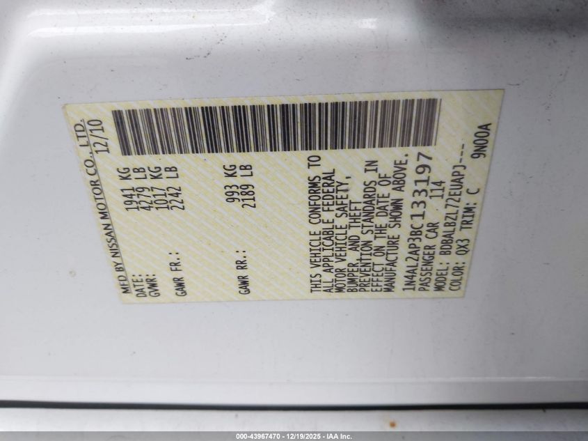 2011 Nissan Altima 2.5 S VIN: 1N4AL2AP3BC133197 Lot: 43967470