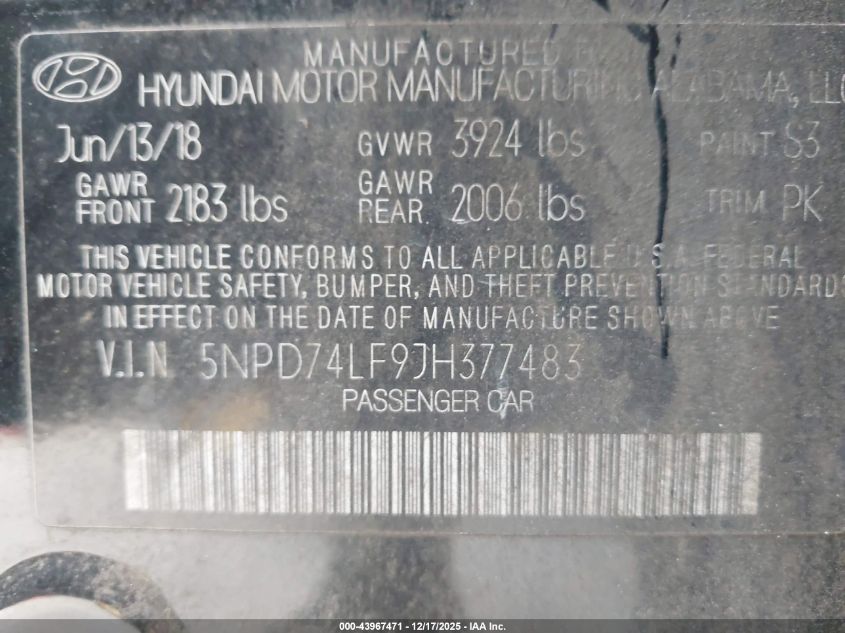2018 Hyundai Elantra Se VIN: 5NPD74LF9JH377483 Lot: 43967471
