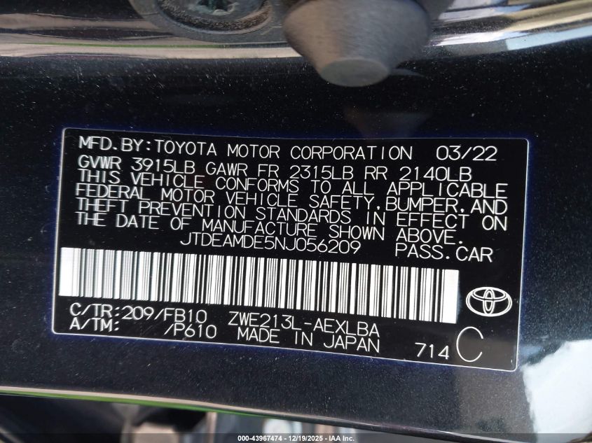 2022 Toyota Corolla Hybrid Le VIN: JTDEAMDE5NJ056209 Lot: 43967474