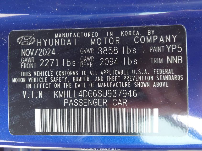 2025 Hyundai Elantra Se VIN: KMHLL4DG6SU937946 Lot: 43967477