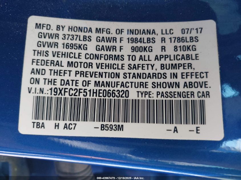 2017 Honda Civic Lx VIN: 19XFC2F51HE066320 Lot: 43967479