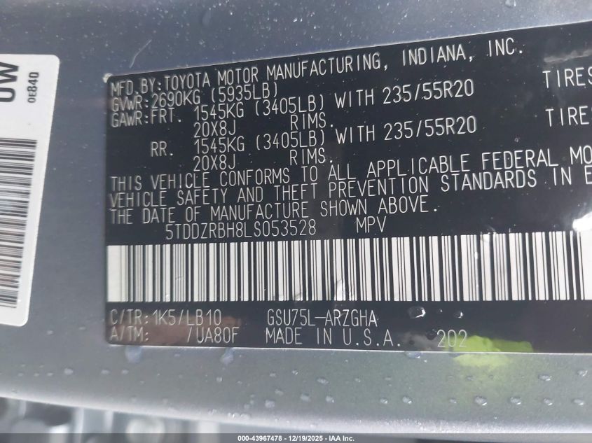 2020 Toyota Highlander Limited VIN: 5TDDZRBH8LS053528 Lot: 43967478