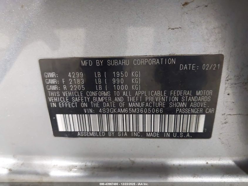 2021 Subaru Impreza Sport VIN: 4S3GKAM65M3605066 Lot: 43967480
