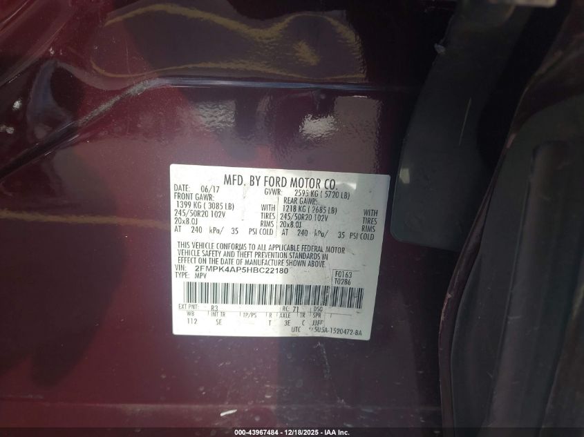 2017 Ford Edge Sport VIN: 2FMPK4AP5HBC22180 Lot: 43967484