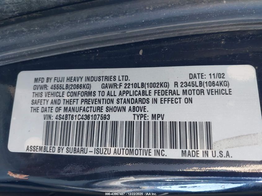 2003 Subaru Baja VIN: 4S4BT61C436107593 Lot: 43967487