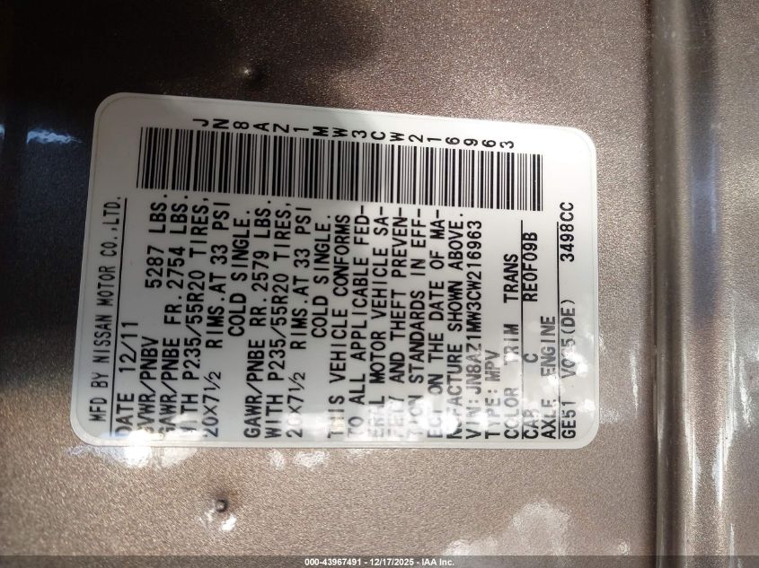 2012 Nissan Murano Le VIN: JN8AZ1MW3CW216963 Lot: 43967491