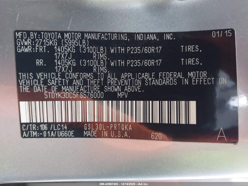 2015 Toyota Sienna Xle 8 Passenger VIN: 5TDYK3DC5FS576000 Lot: 43967492