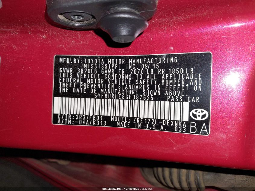 2016 Toyota Corolla Le VIN: 5YFBURHE8GP387625 Lot: 43967493