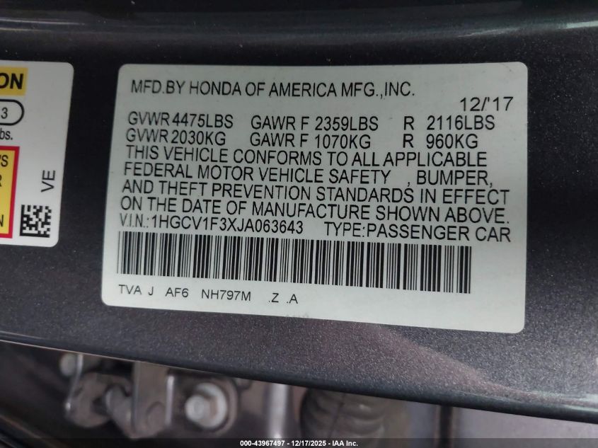 2018 Honda Accord Sport VIN: 1HGCV1F3XJA063643 Lot: 43967497