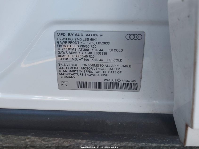 2024 Audi Q4 E-Tron Premium Plus 55 Quattro VIN: WA1LUBFZ4RP057285 Lot: 43967499