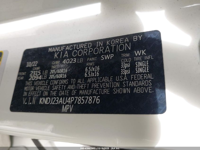 2023 Kia Soul Lx VIN: KNDJ23AU4P7857876 Lot: 43967503