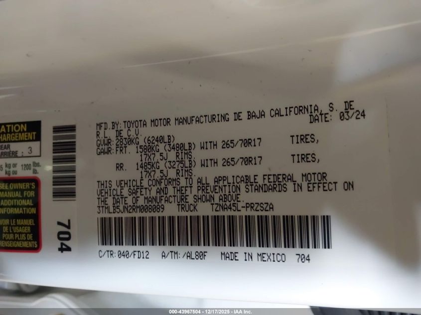 2024 Toyota Tacoma Trd Off Road VIN: 3TMLB5JN2RM008089 Lot: 43967504