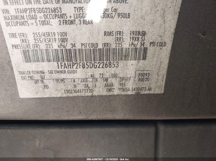 2013 Ford Taurus Limited VIN: 1FAHP2F85DG226853 Lot: 43967507