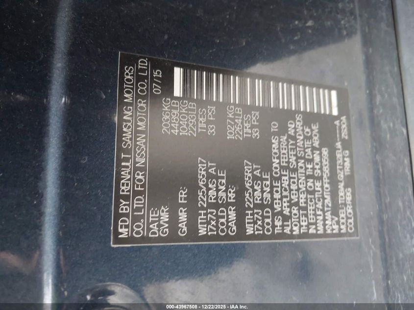 2015 Nissan Rogue Sv VIN: KNMAT2MT0FP583598 Lot: 43967508