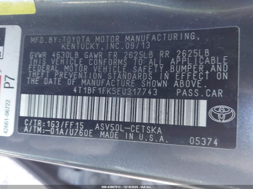 2014 Toyota Camry Se VIN: 4T1BF1FK5EU317743 Lot: 43967513