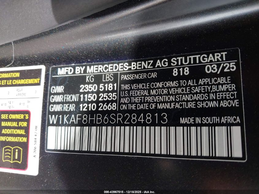 2025 Mercedes-Benz Amg C 43 4Matic VIN: W1KAF8HB6SR284813 Lot: 43967515