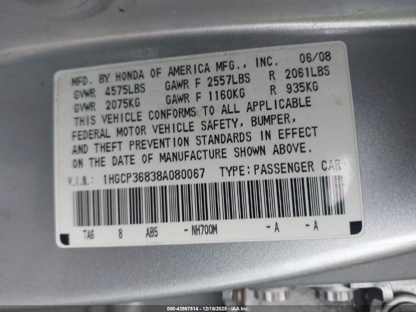 2008 Honda Accord 3.5 Ex-L VIN: 1HGCP36858A0A0067 Lot: 43967514