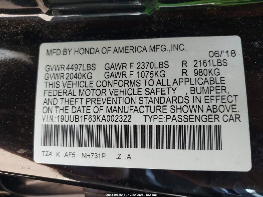 2019 Acura Tlx Tech A-Spec Pkgs VIN: 19UUB1F63KA002322 Lot: 43967516