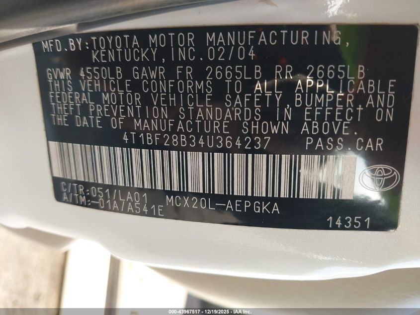 2004 Toyota Avalon Xls VIN: 4T1BF28B34U364237 Lot: 43967517