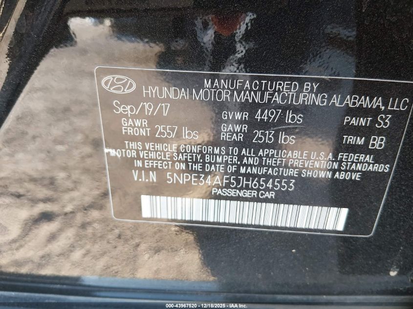 2018 Hyundai Sonata Limited VIN: 5NPE34AF5JH654553 Lot: 43967520