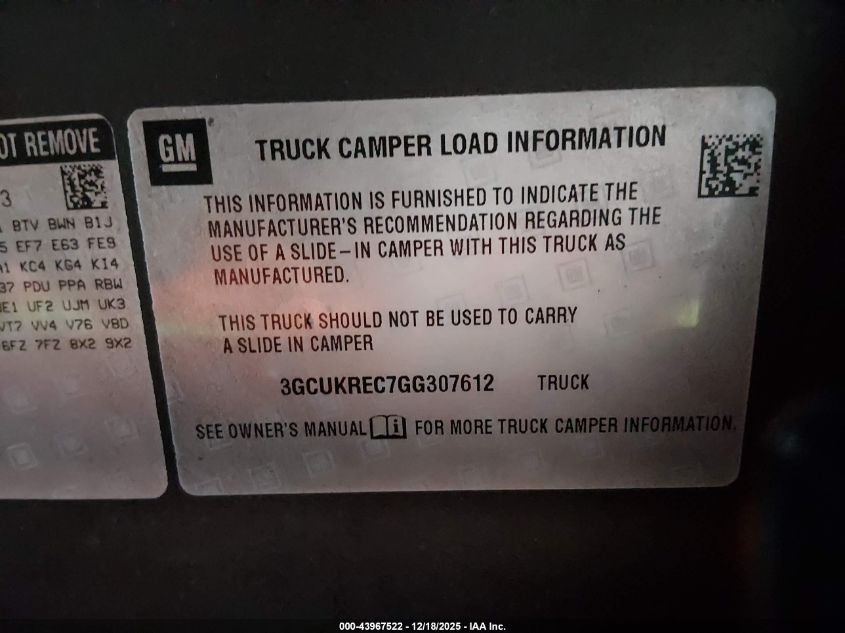 2016 Chevrolet Silverado 1500 2Lt VIN: 3GCUKREC7GG307612 Lot: 43967522