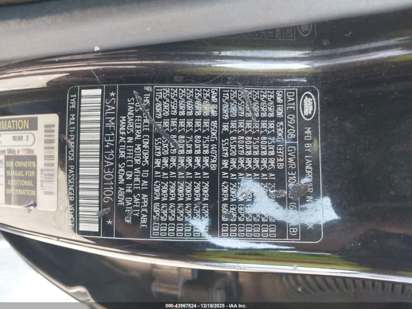 2009 Land Rover Range Rover Supercharged VIN: SALMF13419A301106 Lot: 43967524