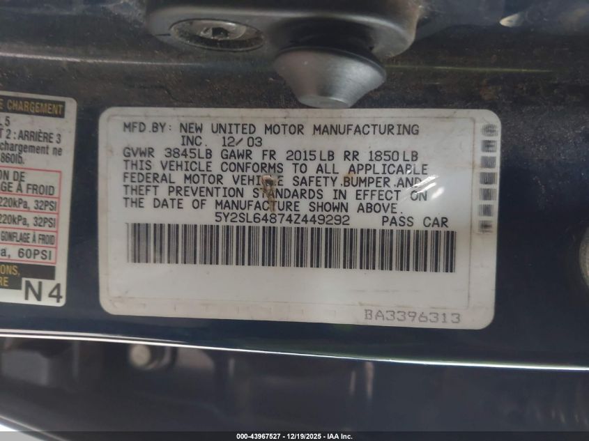 2004 Pontiac Vibe VIN: 5Y2SL64874Z449292 Lot: 43967527