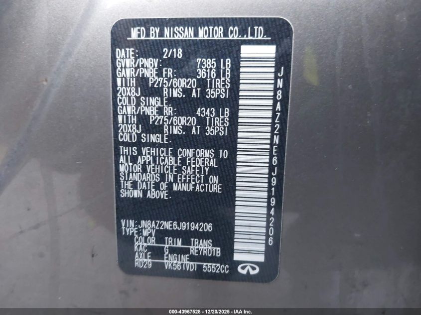 2018 Infiniti Qx80 VIN: JN8AZ2NE6J9194206 Lot: 43967528