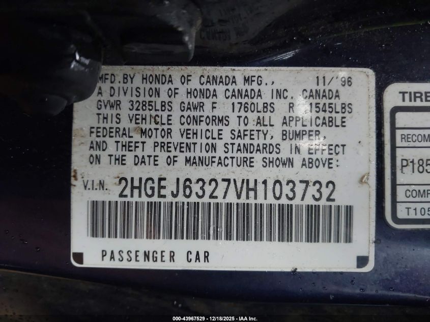 1997 Honda Civic Cx VIN: 2HGEJ6327VH103732 Lot: 43967529