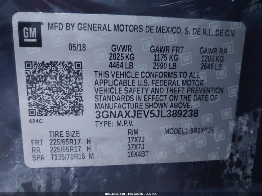 2018 Chevrolet Equinox Lt VIN: 3GNAXJEV5JL389238 Lot: 43967530