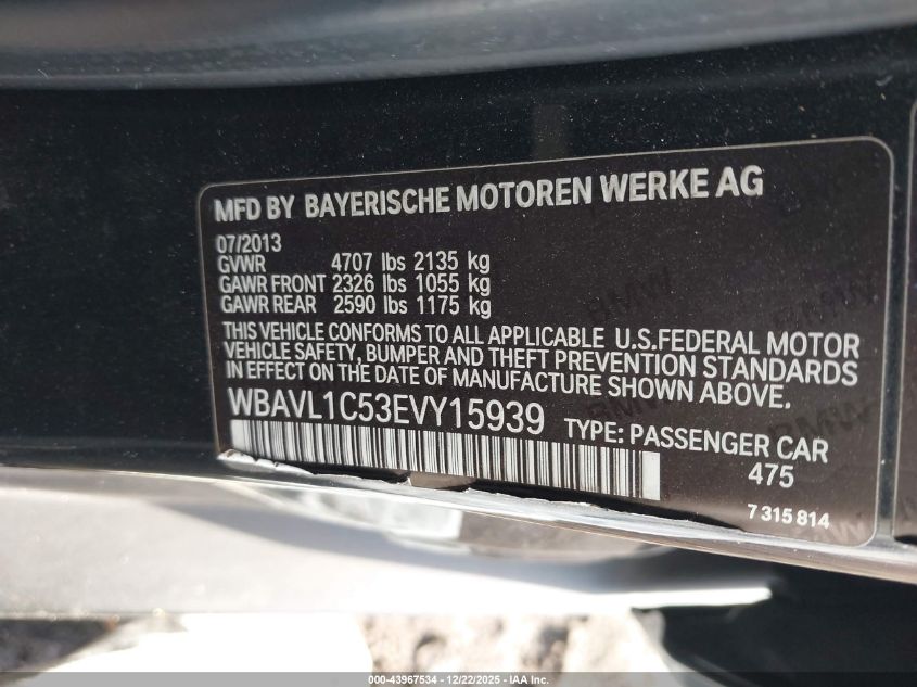 2014 BMW X1 xDrive28I VIN: WBAVL1C53EVY15939 Lot: 43967534