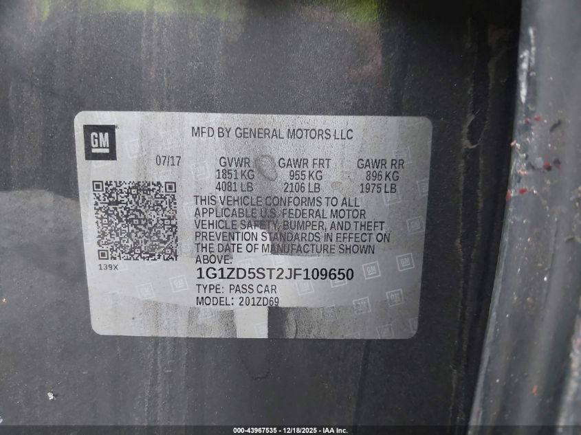 2018 Chevrolet Malibu Lt VIN: 1G1ZD5ST2JF109650 Lot: 43967535