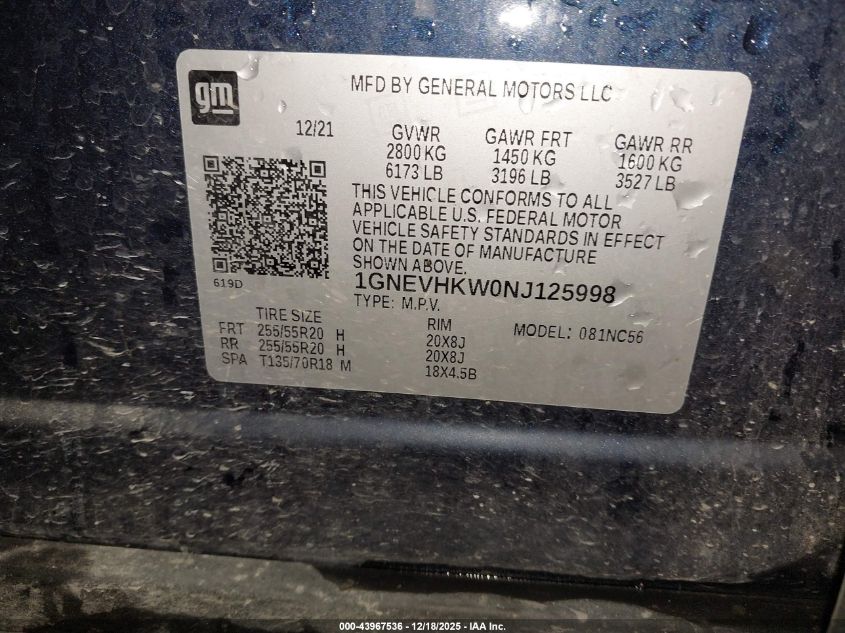 2022 Chevrolet Traverse Awd Lt Leather VIN: 1GNEVHKW0NJ125998 Lot: 43967536