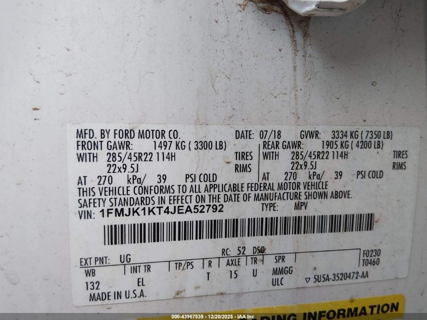 2018 Ford Expedition Max Limited VIN: 1FMJK1KT4JEA52792 Lot: 43967539
