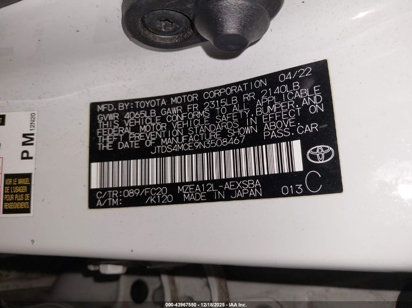 2022 Toyota Corolla Se VIN: JTDS4MCE9N3508467 Lot: 43967550