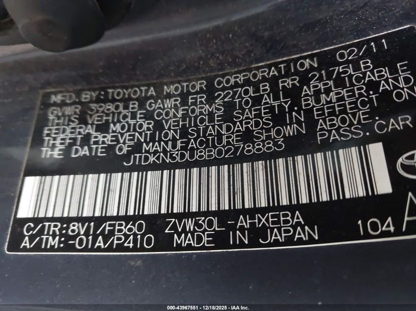 2011 Toyota Prius Two VIN: JTDKN3DU8B0278883 Lot: 43967551