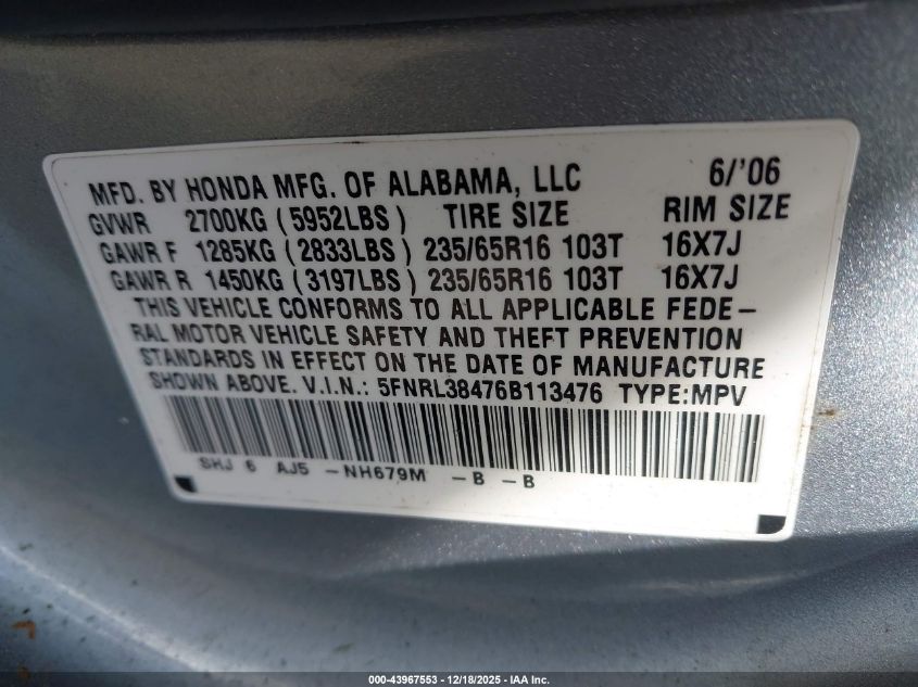 2006 Honda Odyssey Ex VIN: 5FNRL38476B113476 Lot: 43967553