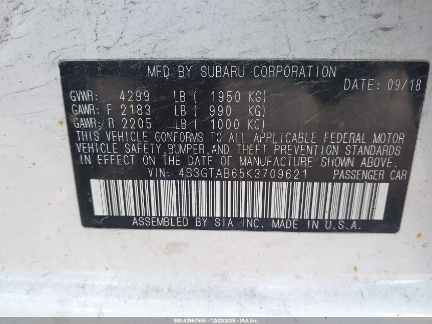 2019 Subaru Impreza 2.0I VIN: 4S3GTAB65K3709621 Lot: 43967558