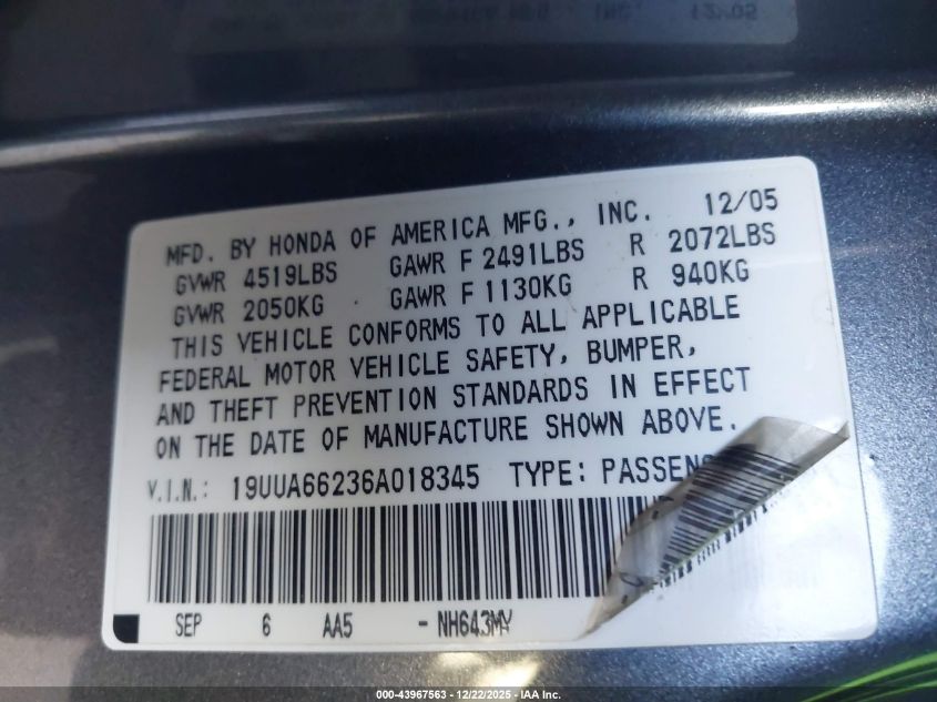 2006 Acura Tl VIN: 19UUA66236A018345 Lot: 43967563