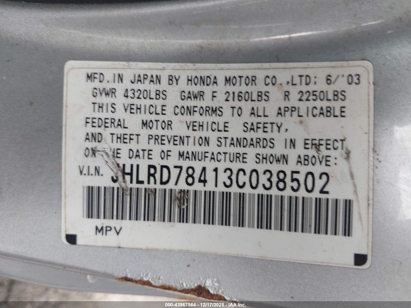 2003 Honda Cr-V Lx VIN: JHLRD78413C038502 Lot: 43967564