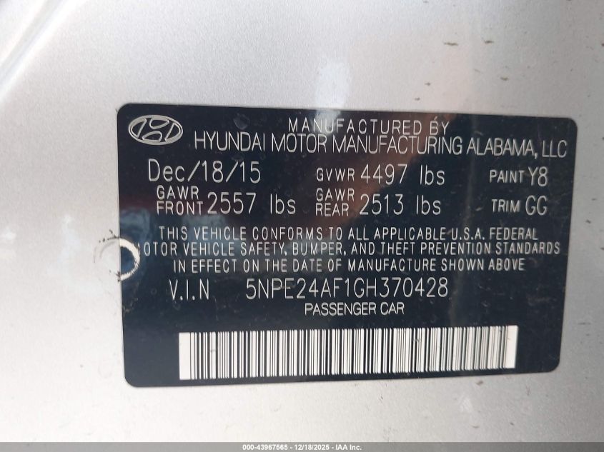 2016 Hyundai Sonata Se VIN: 5NPE24AF1GH370428 Lot: 43967565