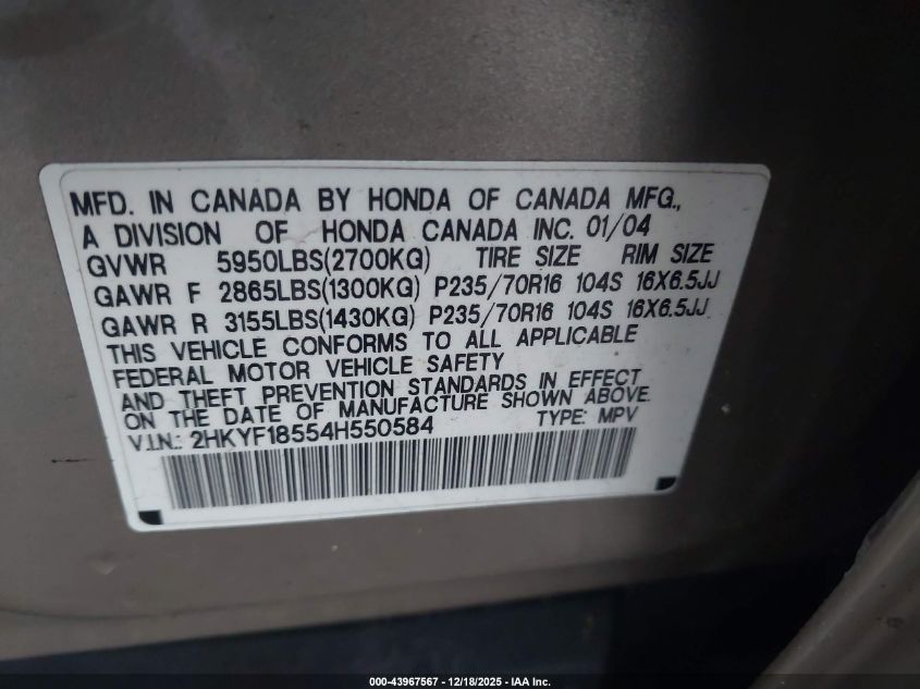 2004 Honda Pilot Ex-L VIN: 2HKYF18554H550584 Lot: 43967567