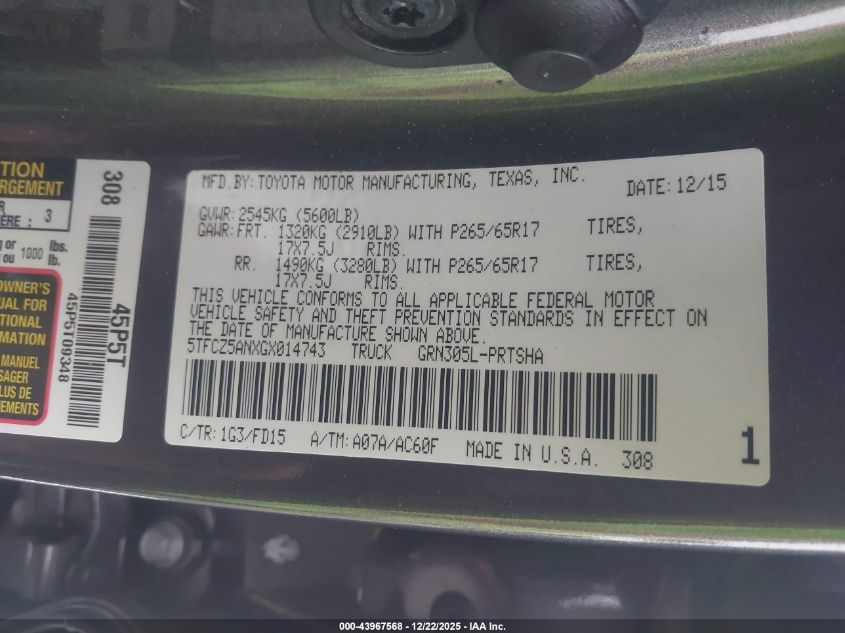 2016 Toyota Tacoma Trd Sport VIN: 5TFCZ5ANXGX014743 Lot: 43967568