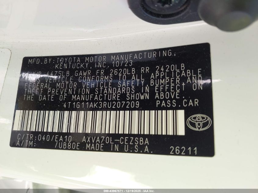 2024 Toyota Camry Se VIN: 4T1G11AK3RU207209 Lot: 43967571